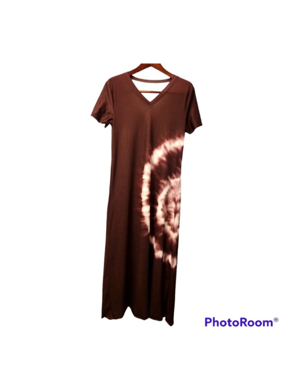Brown Tie Dye V-Neck Short Sleeve Maxi-Dress Casual Soft Comfy Size Medi…
